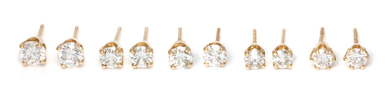 A Collection of Yellow Gold and Diamond Stud Earrings, 2.80 dwts.