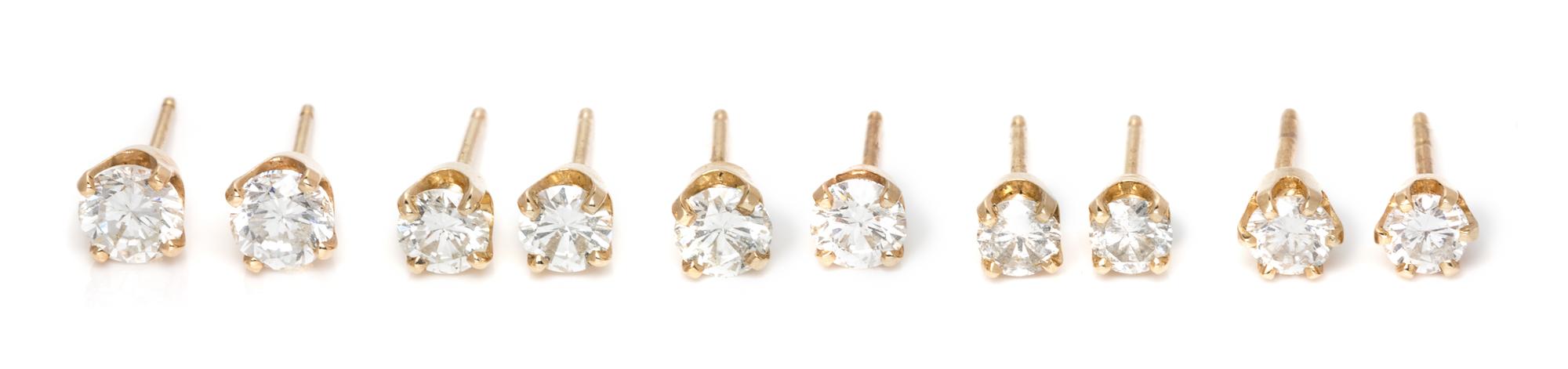 A Collection of Yellow Gold and Diamond Stud Earrings, 2.80 dwts.