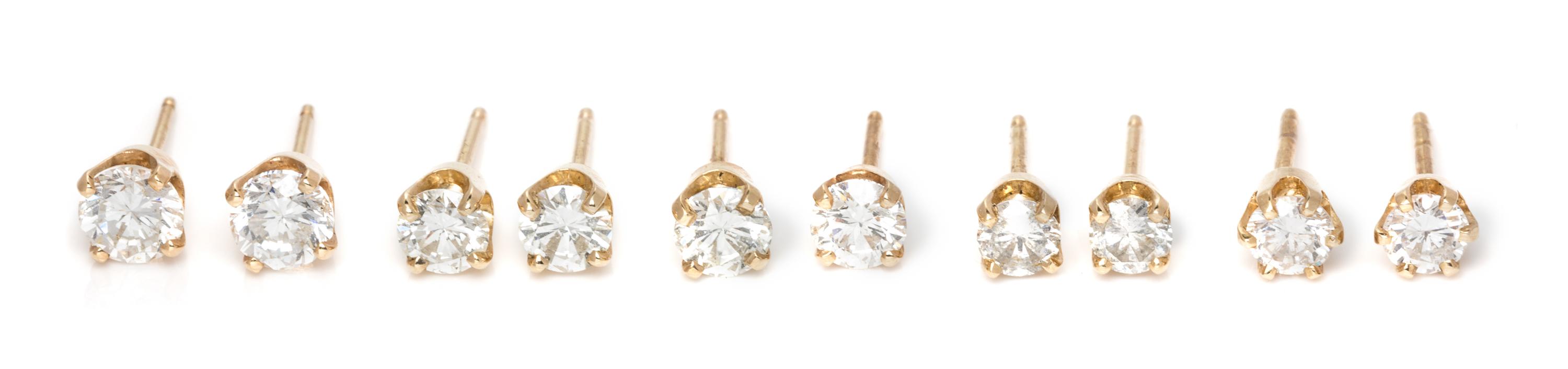 A Collection of Yellow Gold and Diamond Stud Earrings, 2.80 dwts.