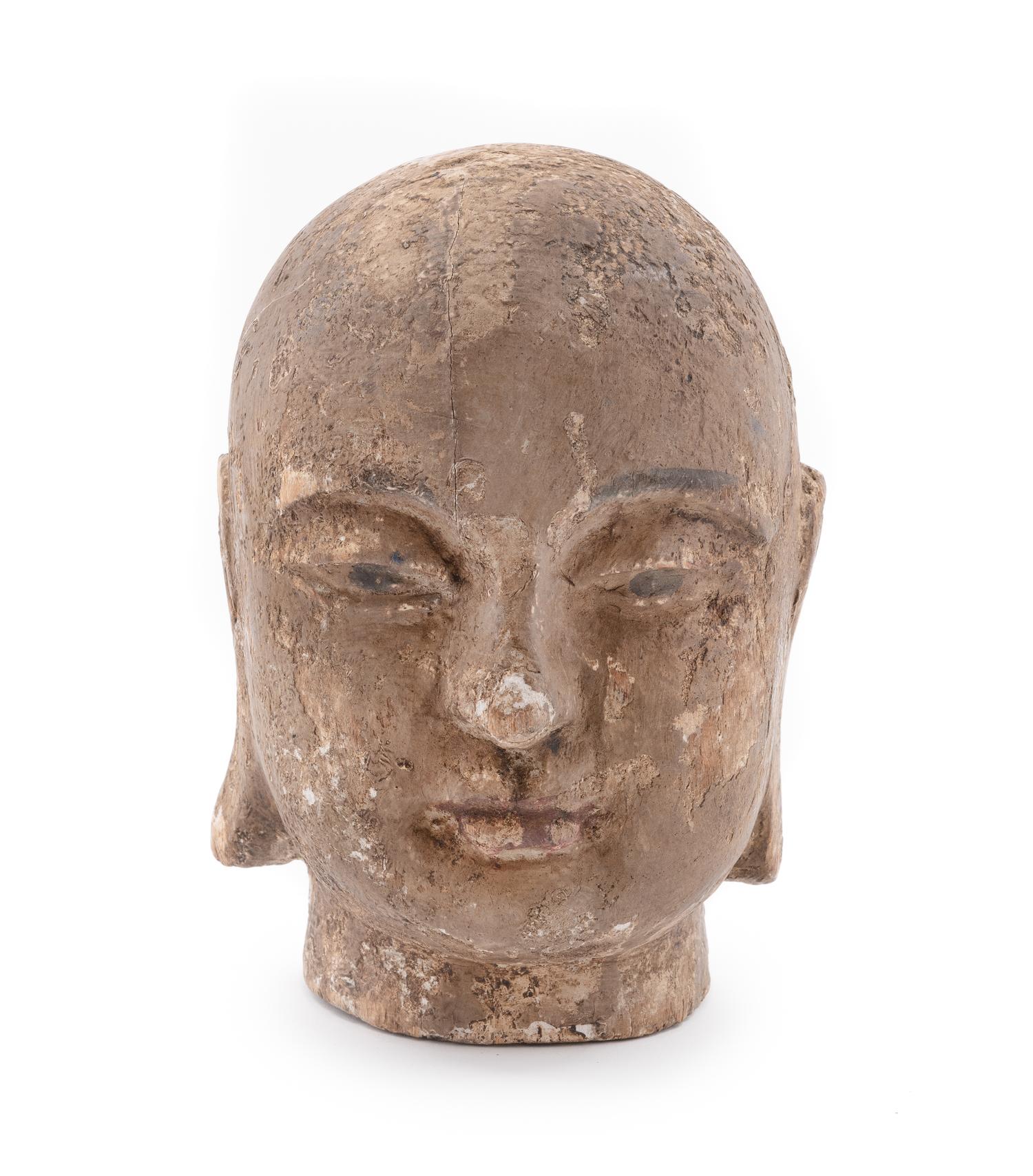 A Chinese Carved Wood Head of Luohan