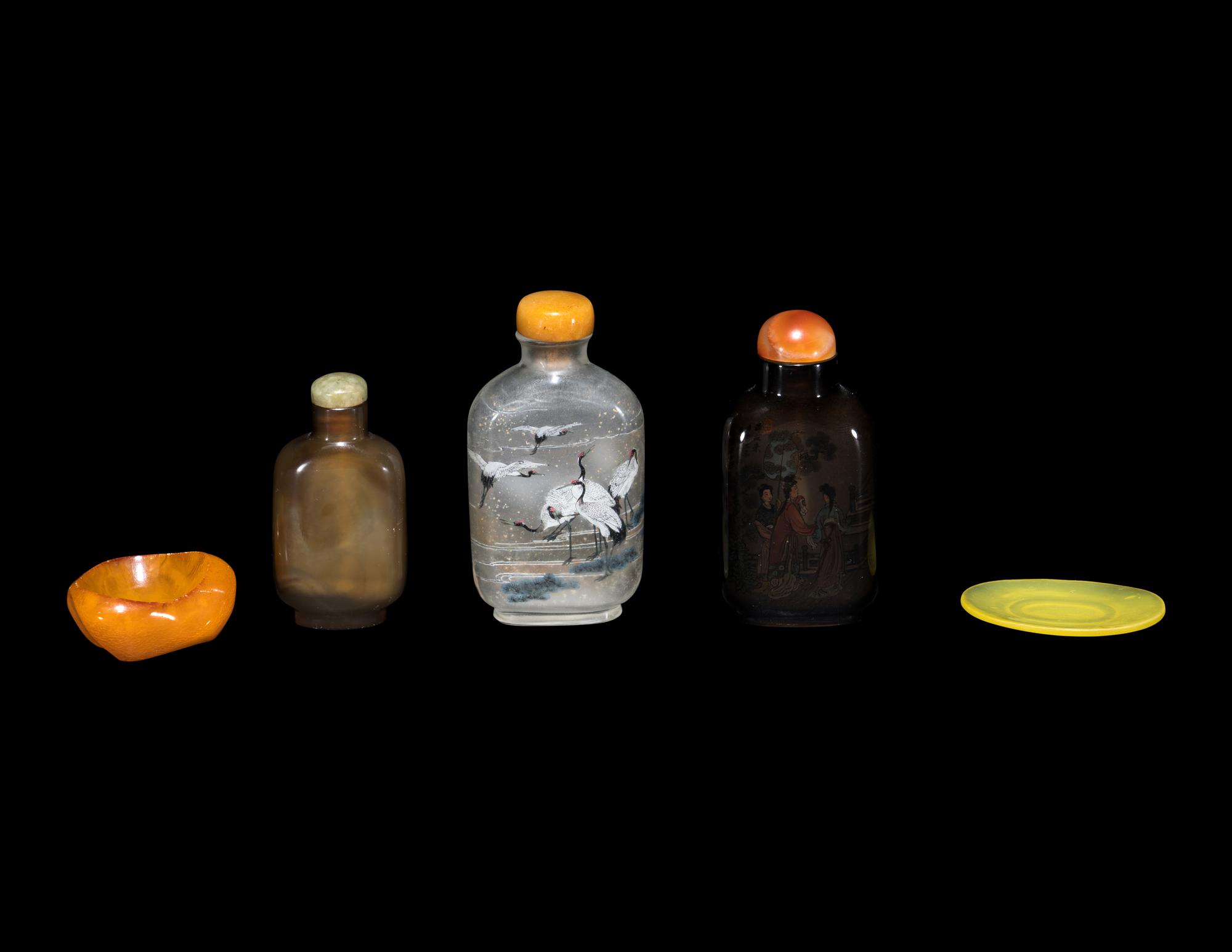 Three Chinese Glass Snuff Bottles and Two Snuff Dishes