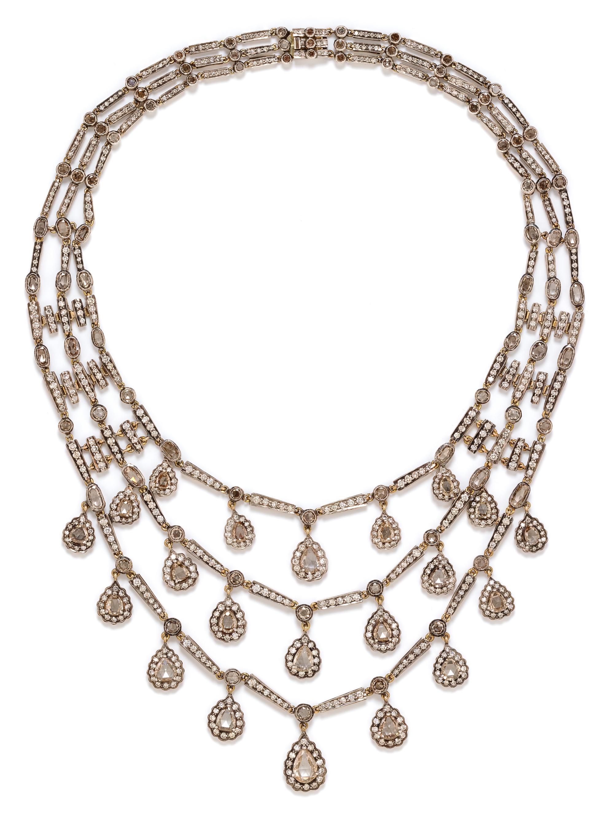 A Silver Topped Yellow Gold, Colored Diamond and Diamond Fringe Swag Necklace, 80.70 dwts.