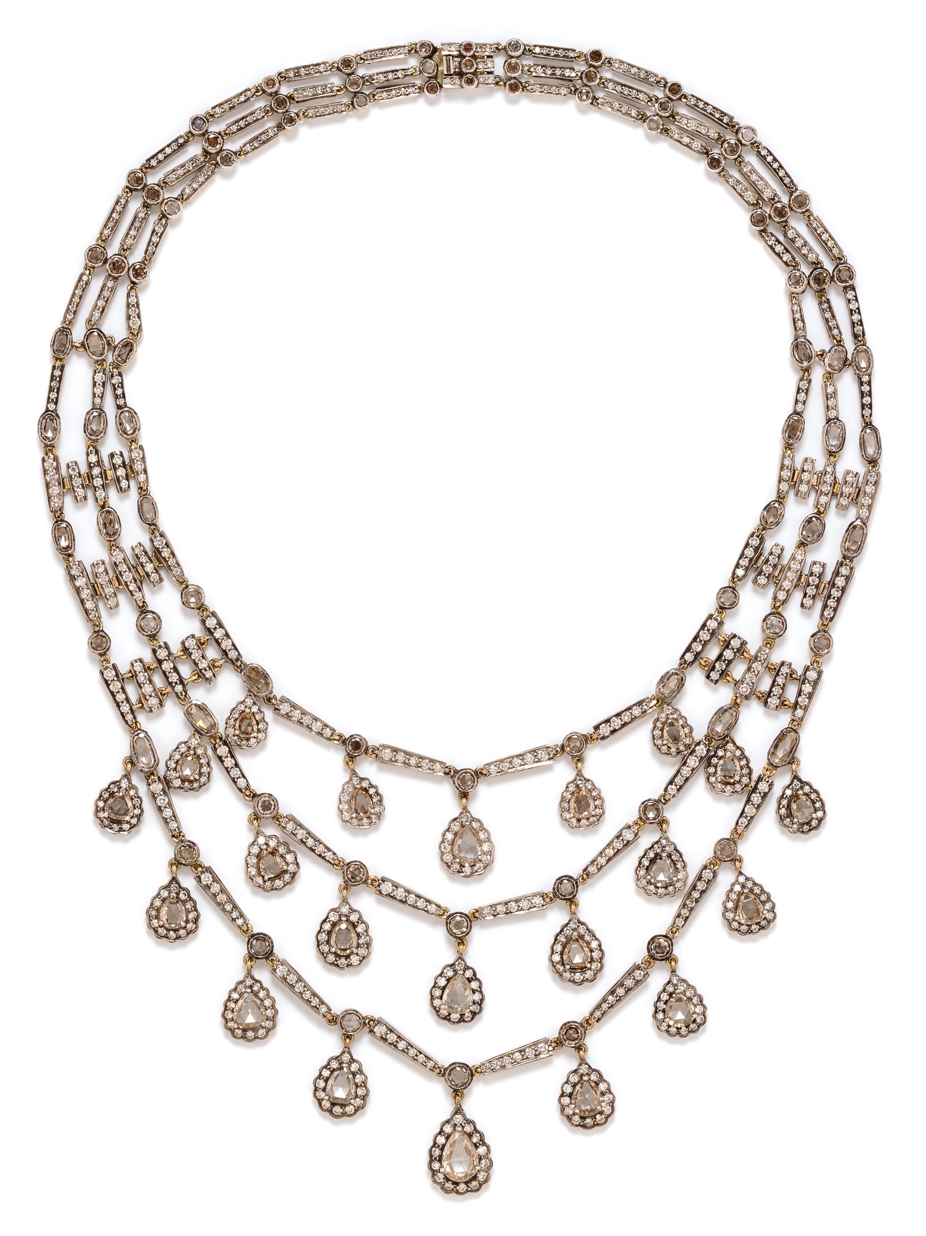 A Silver Topped Yellow Gold, Colored Diamond and Diamond Fringe Swag Necklace, 80.70 dwts.