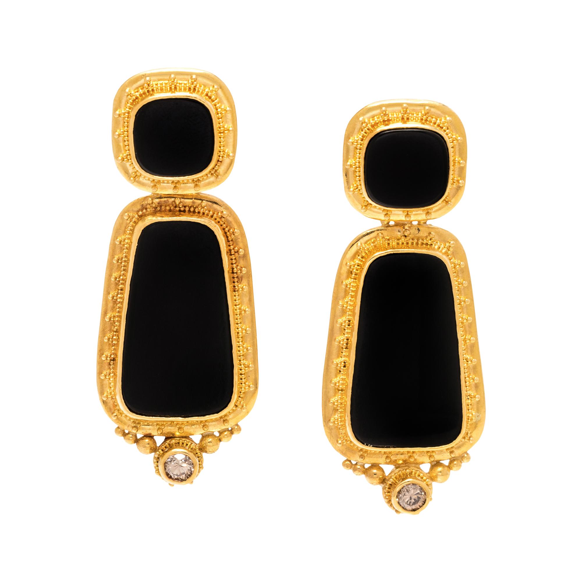 LUNA FELIX GOLDSMITH, YELLOW GOLD, ONYX AND COLORED DIAMOND CONVERTIBLE EARCLIPS
