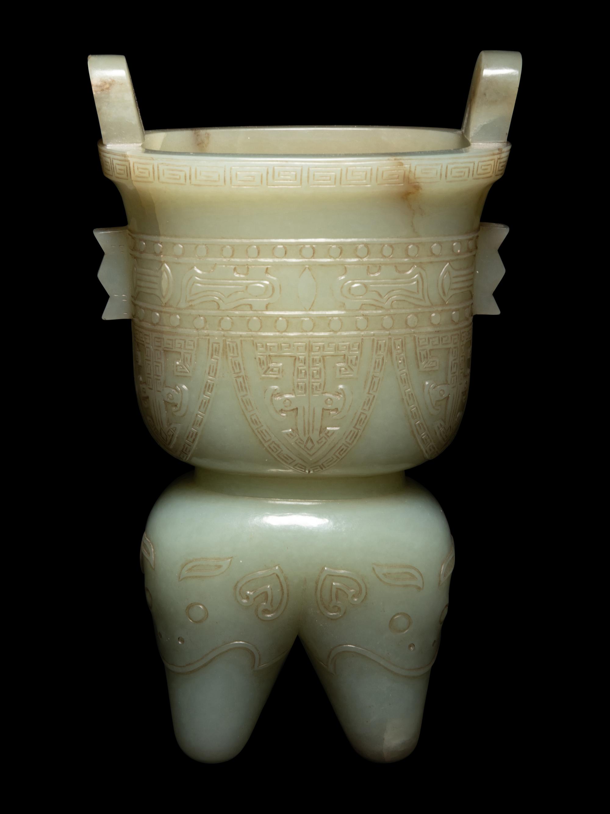 A Russet and Celadon Jade Li -Form Vessel