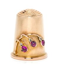 A Russian Gold, Diamond and Ruby Thimble, Maker's Mark of Carl Faberge, St. Petersburg, Late 19th/Early 20th Century, the knurled top a