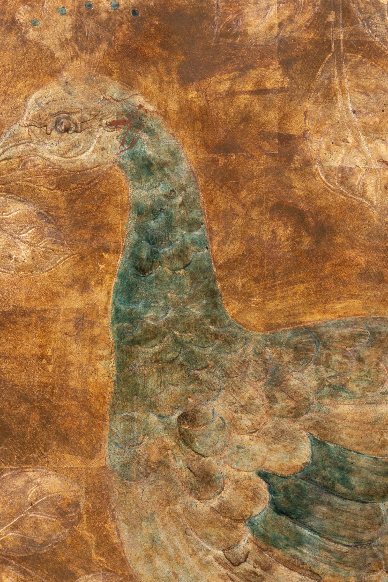 A Silver and Gilt Decorated Leather Four-Panel Screen