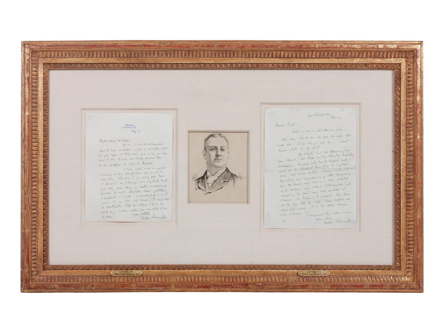 Composition of Three Works: Theodore Davis (American, 1908-1995) Portrait of Frederic Remington ink on paper 6 x 5 inches together with Frederic Remington (American, 1861-1909) Letter to Colonel McClellan, 1984 and Letter to Julie and Ralph, 1980