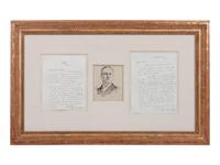 Composition of Three Works: Theodore Davis (American, 1908-1995) Portrait of Frederic Remington ink on paper 6 x 5 inches together with Frederic Remington (American, 1861-1909) Letter to Colonel McClellan, 1984 and Letter to Julie and Ralph, 1980