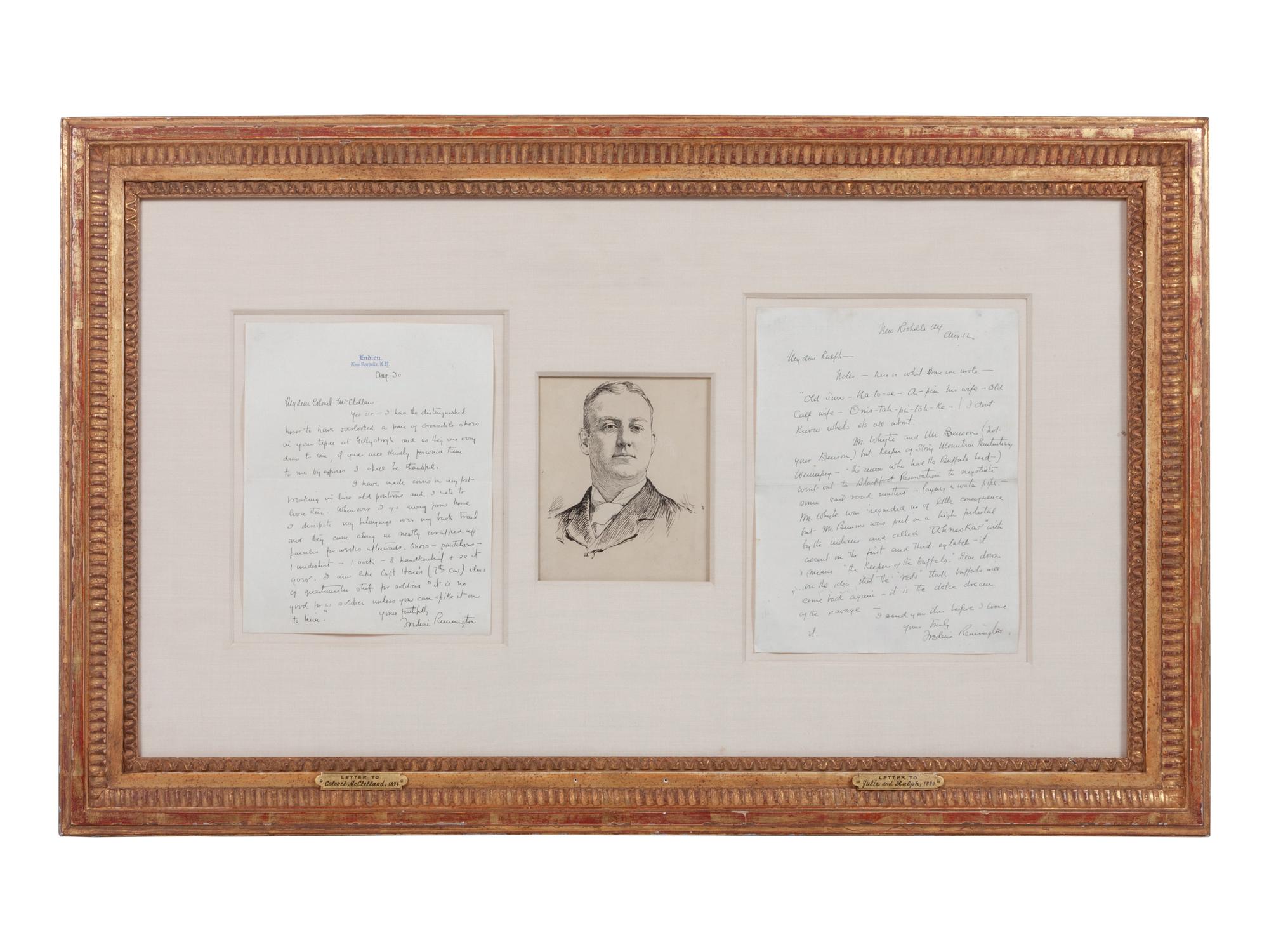 Composition of Three Works: Theodore Davis (American, 1908-1995) Portrait of Frederic Remington ink on paper 6 x 5 inches together with Frederic Remington (American, 1861-1909) Letter to Colonel McClellan, 1984 and Letter to Julie and Ralph, 1980