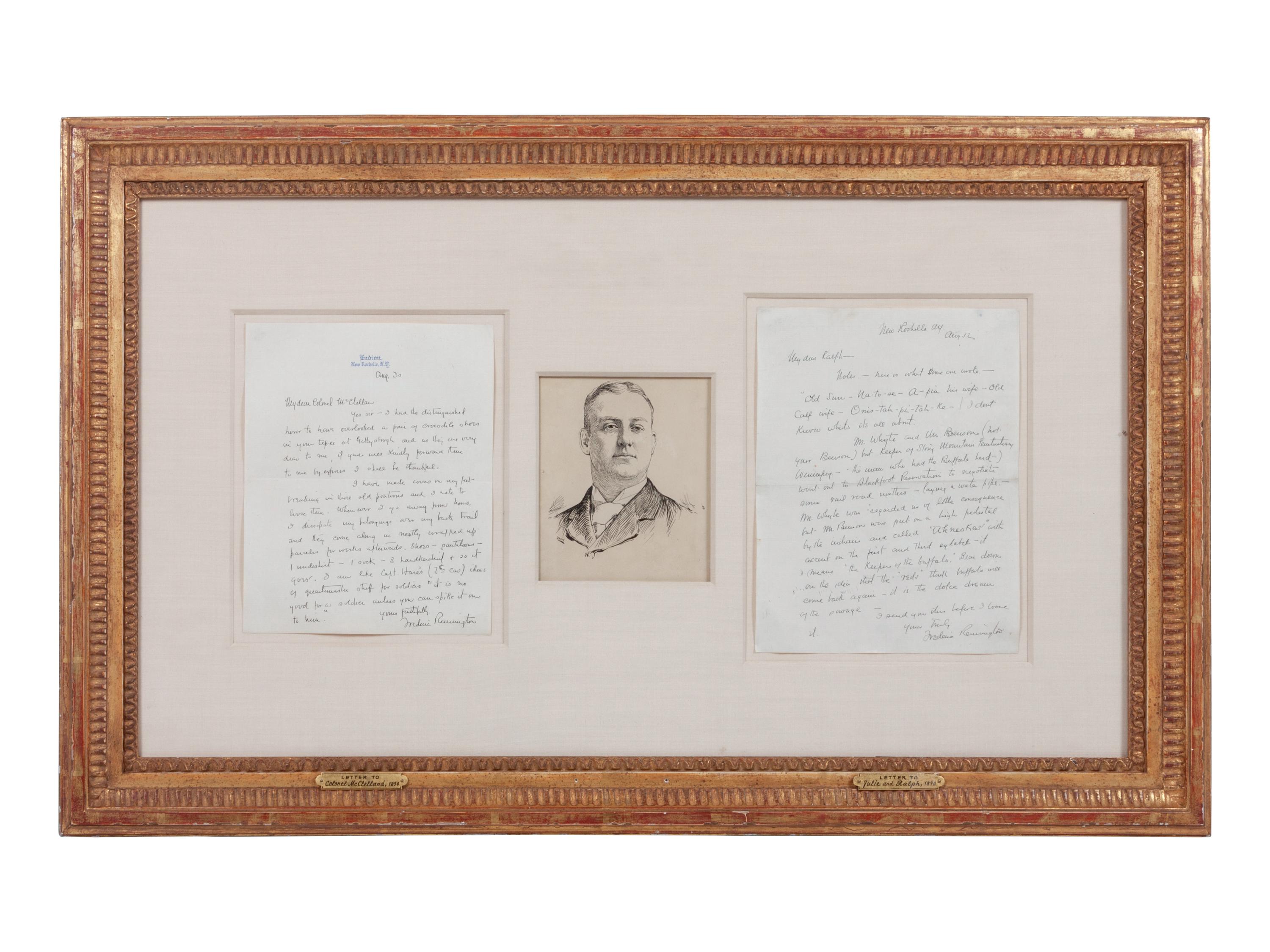 Composition of Three Works: Theodore Davis (American, 1908-1995) Portrait of Frederic Remington ink on paper 6 x 5 inches together with Frederic Remington (American, 1861-1909) Letter to Colonel McClellan, 1984 and Letter to Julie and Ralph, 1980