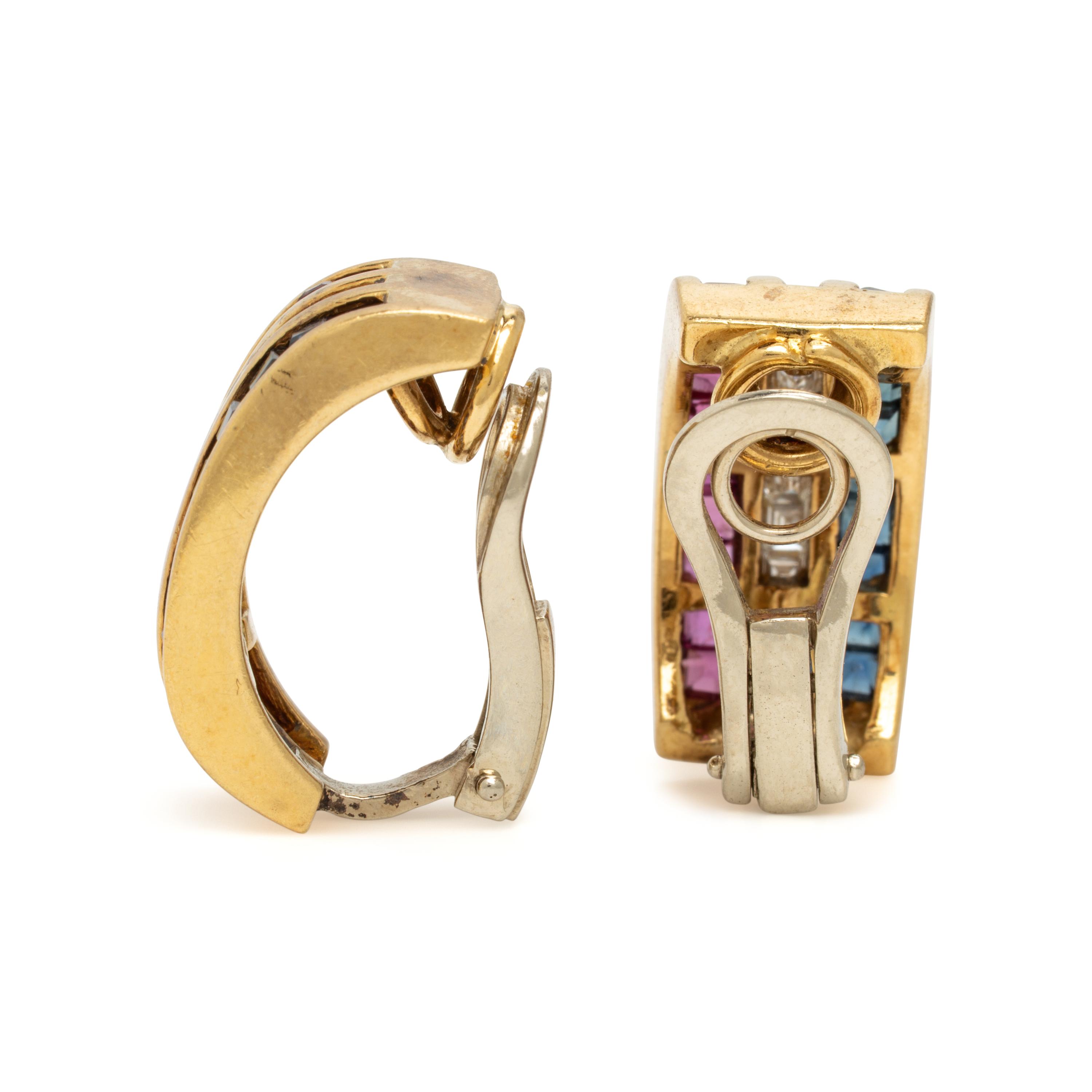 Diamond, Ruby, Sapphire, and Yellow Gold Earrings