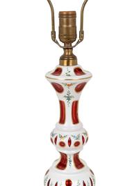 A Pair of Bohemian Enameled White Overlay Ruby Glass Lamps