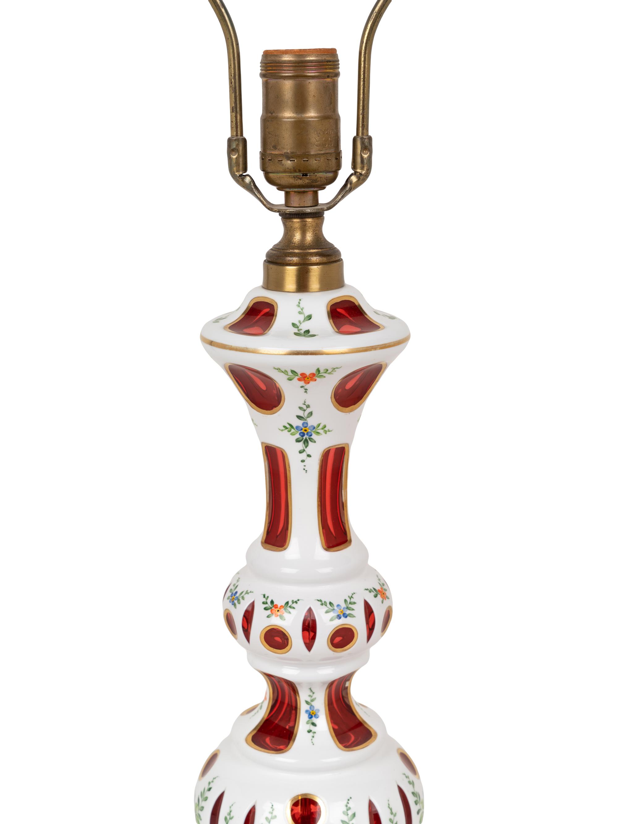 A Pair of Bohemian Enameled White Overlay Ruby Glass Lamps