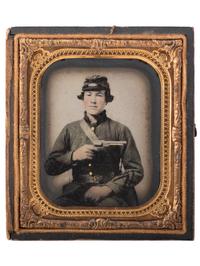 [CIVIL WAR]. Sixth plate ambrotype of CSA soldier John Adams, Jr., possibly from Company, B, 16th South Carolina Volunteers, holding a Confederate-made Spiller & Burr revolver, with civilian portrait.