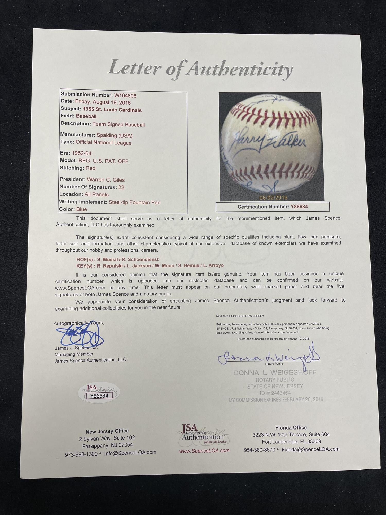 A 1955 St. Louis Cardinals Team Signed Autograph Baseball Featuring Stan Musial (JSA Letter of Authenticity),