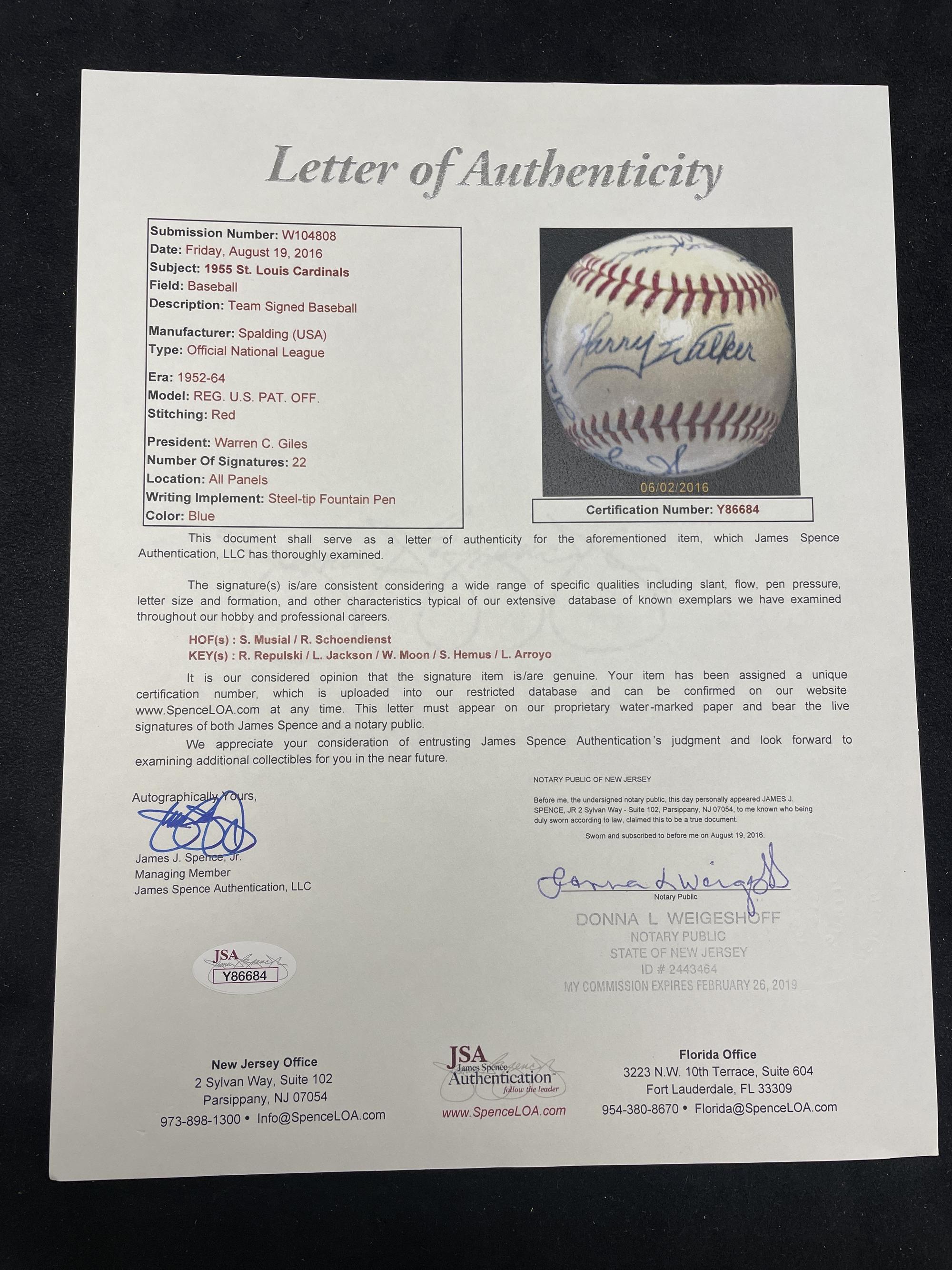 A 1955 St. Louis Cardinals Team Signed Autograph Baseball Featuring Stan Musial (JSA Letter of Authenticity),