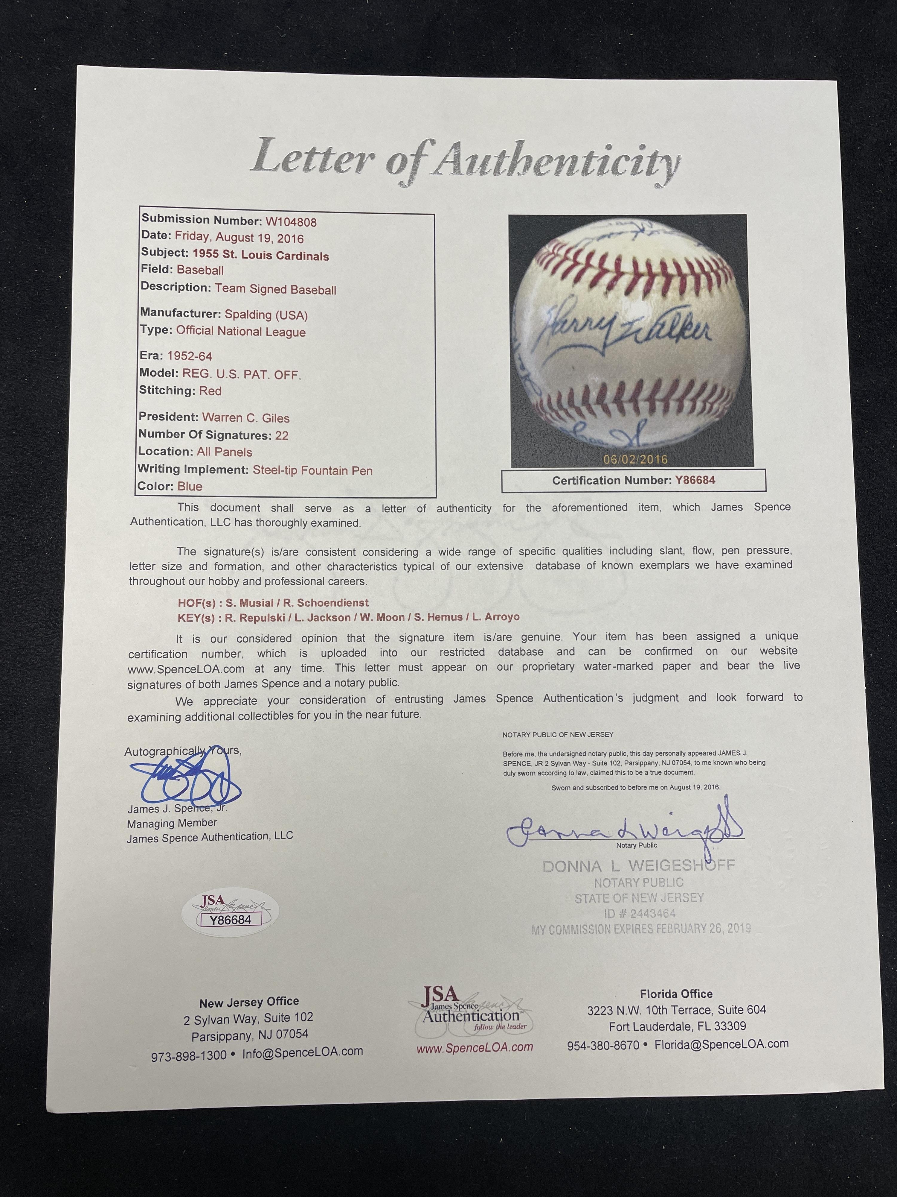 A 1955 St. Louis Cardinals Team Signed Autograph Baseball Featuring Stan Musial (JSA Letter of Authenticity),
