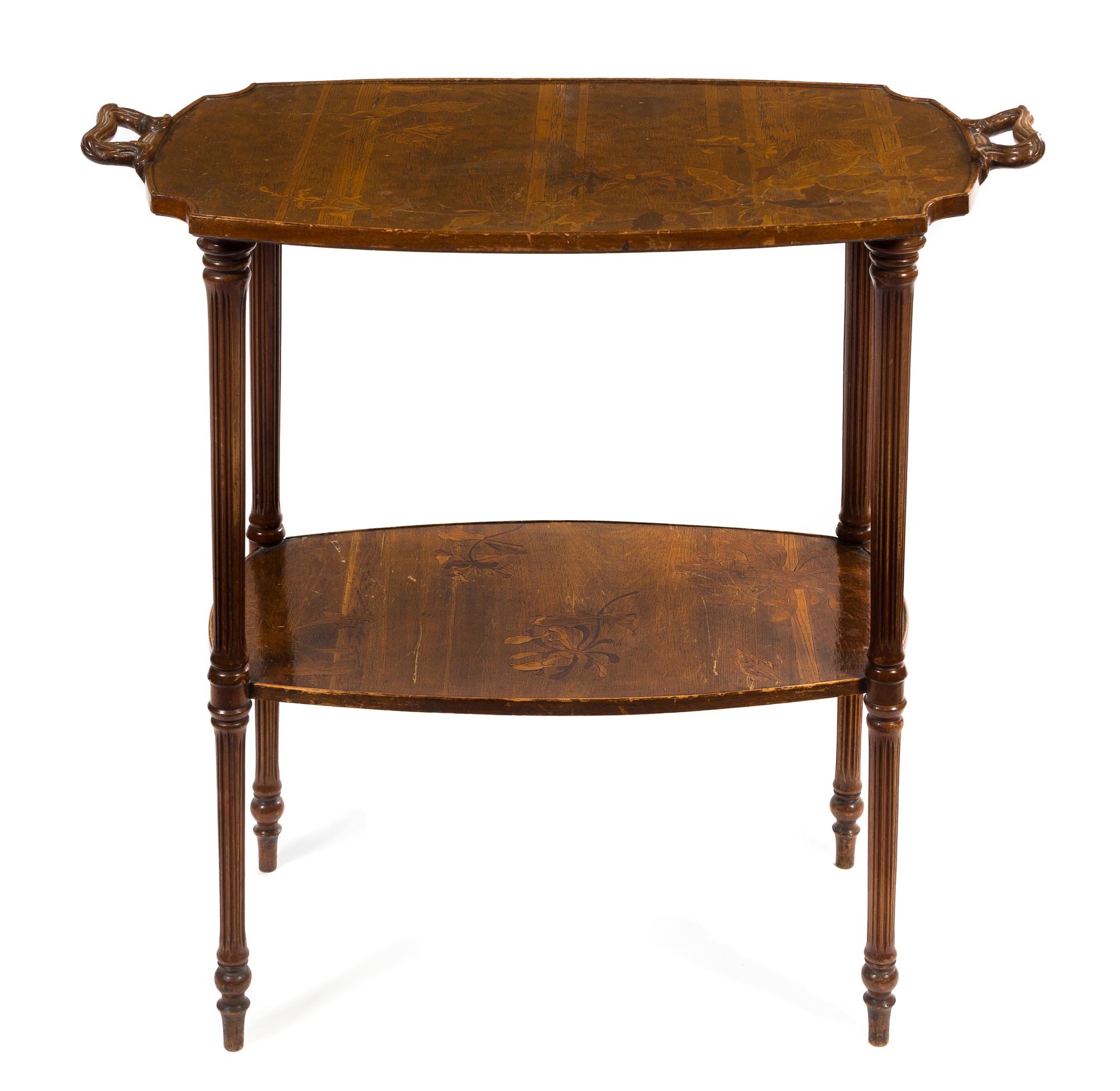 A French Art Nouveau Marquetry Two-Tier Table Height 30 1/4 x width 32 x depth 17 inches. — EMILE GALLE, CIRCA 1900