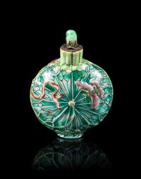 A Famille Rose Porcelain 'Lotus' Snuff Bottle Height 3 1/8 inches. — 19TH CENTURY
