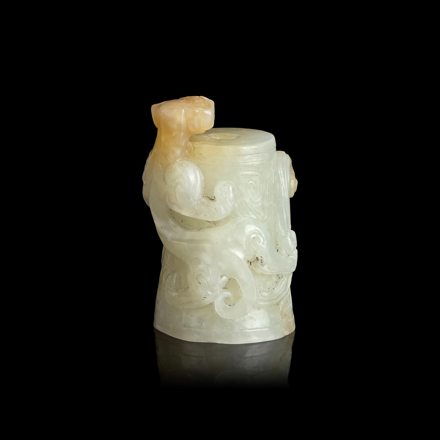 A Chinese Archaistic Carved Jade Finial 白玉雕螭龍玉飾