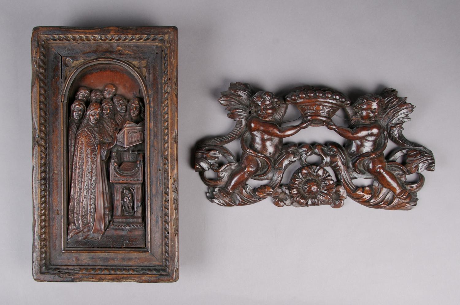 A Group of Two Continental Wood Carvings, Height of first 12 1/2 inches.