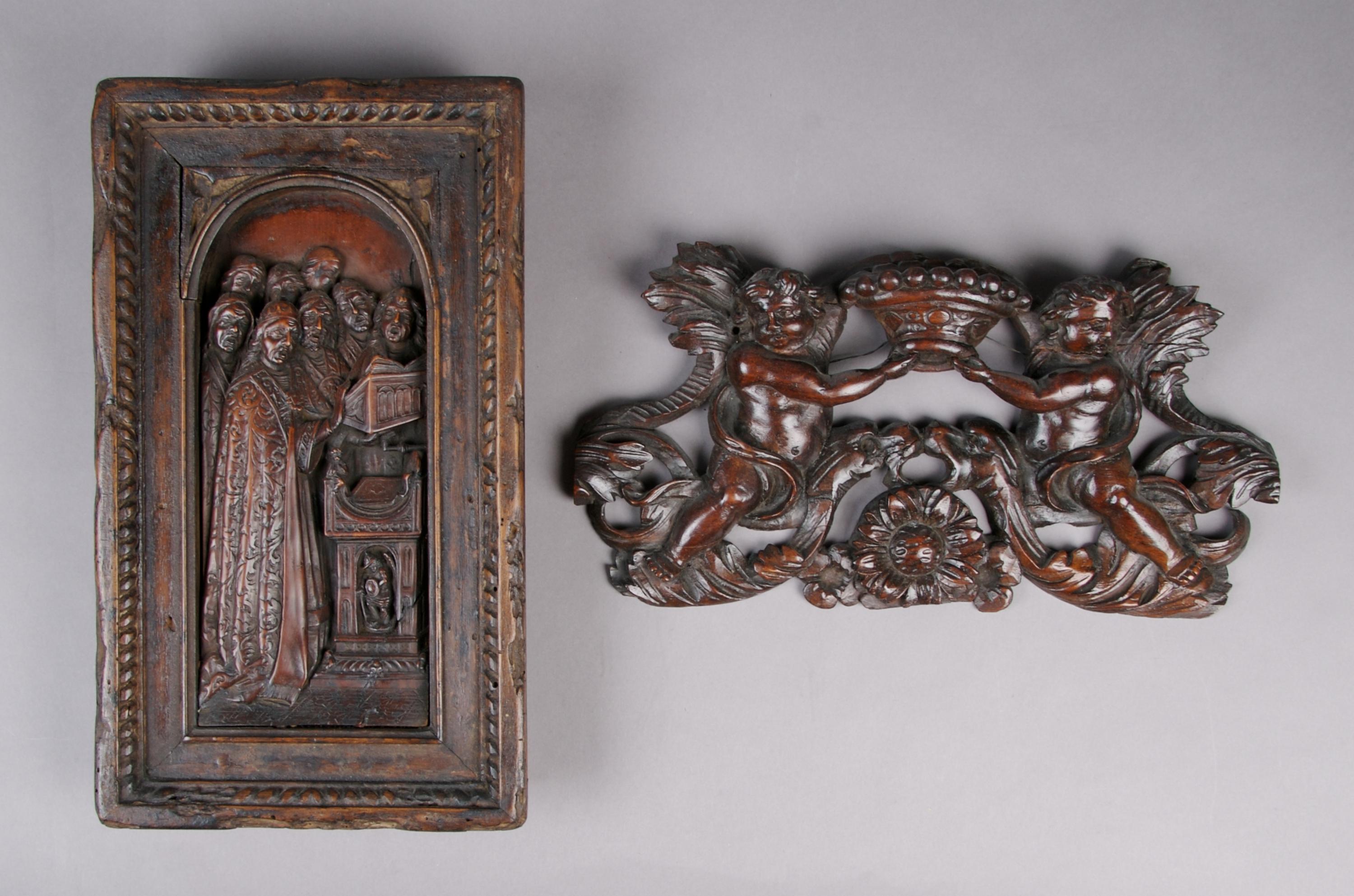 A Group of Two Continental Wood Carvings, Height of first 12 1/2 inches.