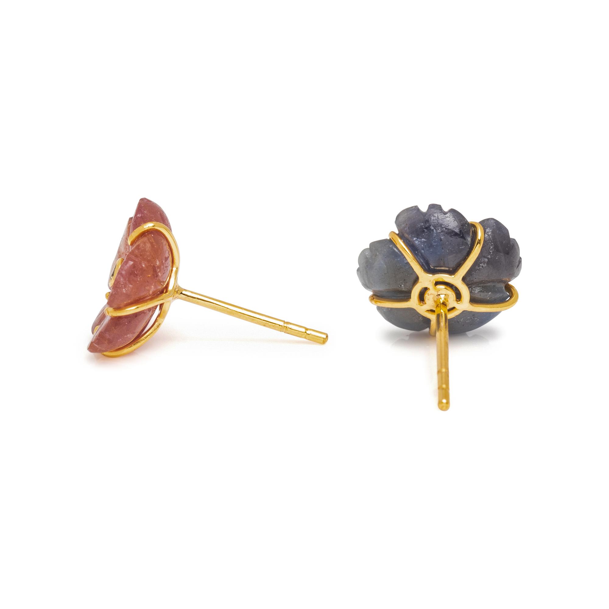 CARVED SAPPHIRE AND DIAMOND FLOWER EARRINGS