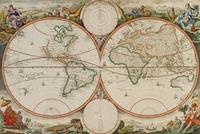 STOOPENDAAL, DANIEL. Werelt Caert. [Amsterdam, c. 1680] Double-page engraved double-hemisphere world map. Framed and matted.