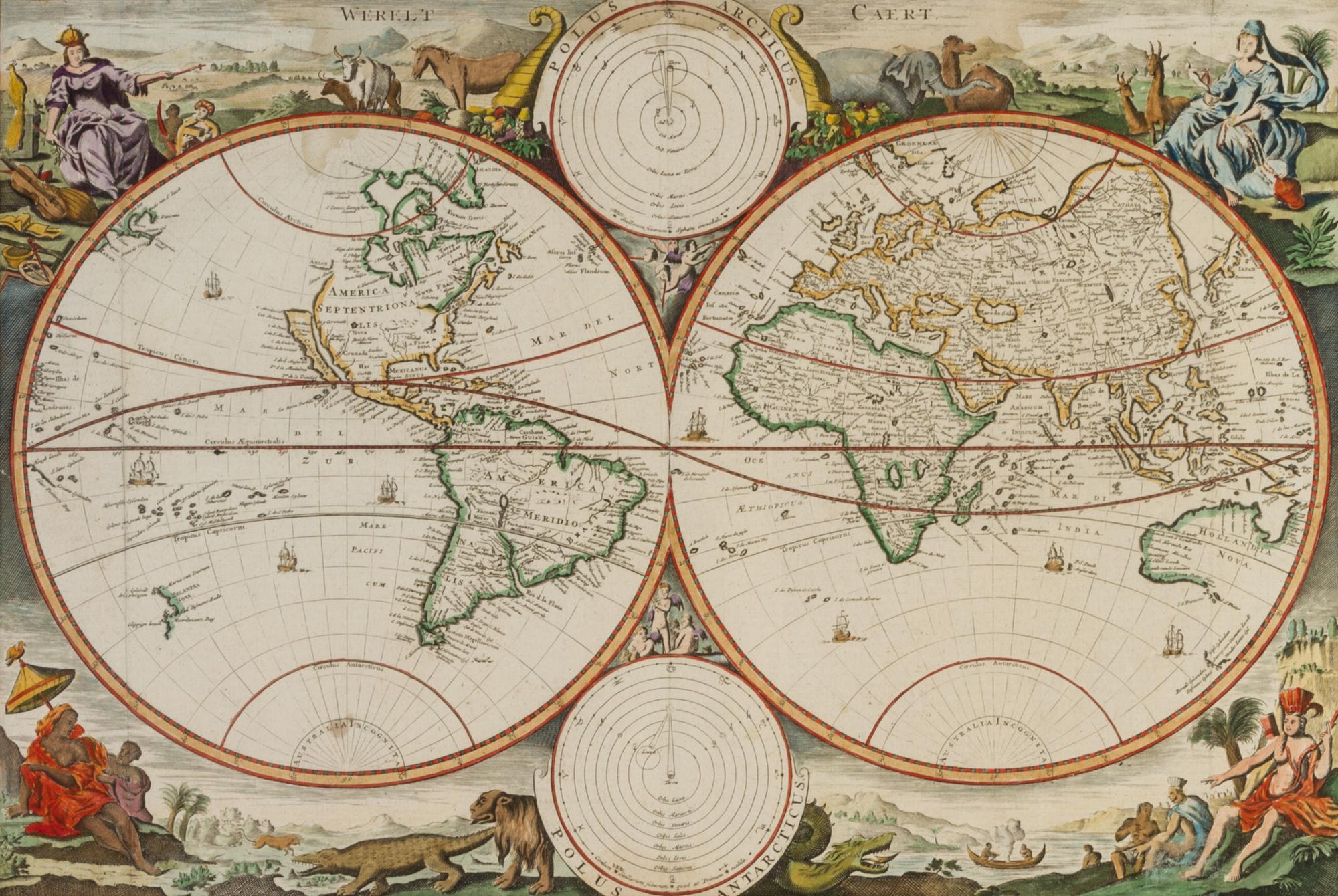 STOOPENDAAL, DANIEL. Werelt Caert. [Amsterdam, c. 1680] Double-page engraved double-hemisphere world map. Framed and matted.