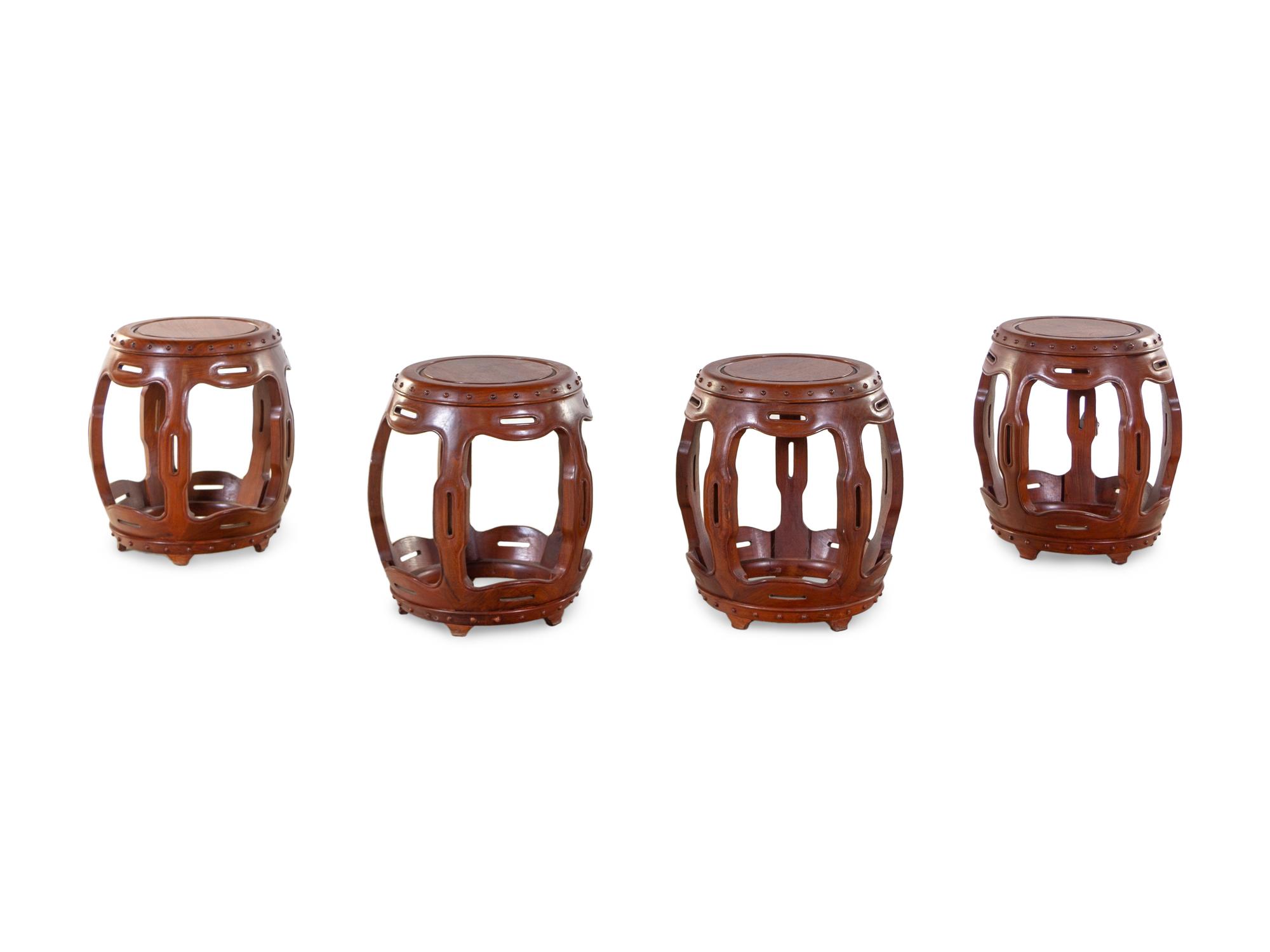 Four Hardwood Barrel-Form Stools