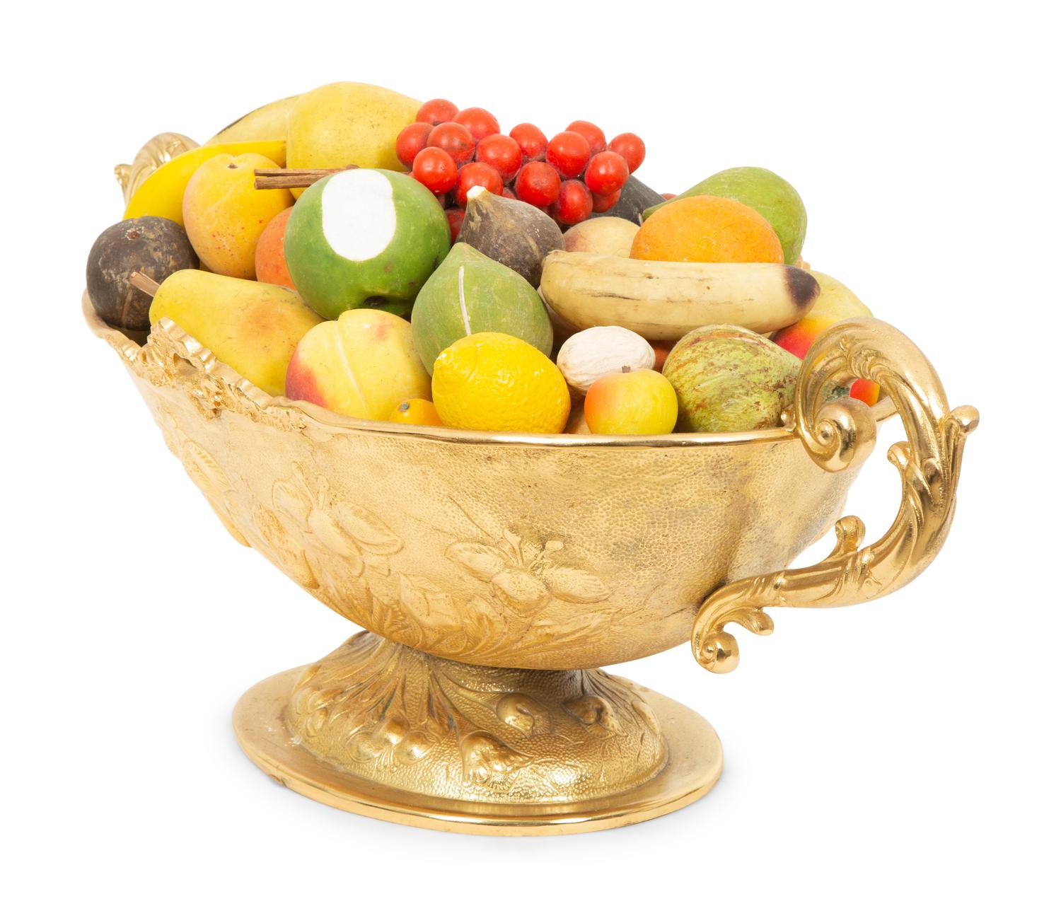 An Italian Gilt Metal Centerpiece Bowl with Hardstone Fruit