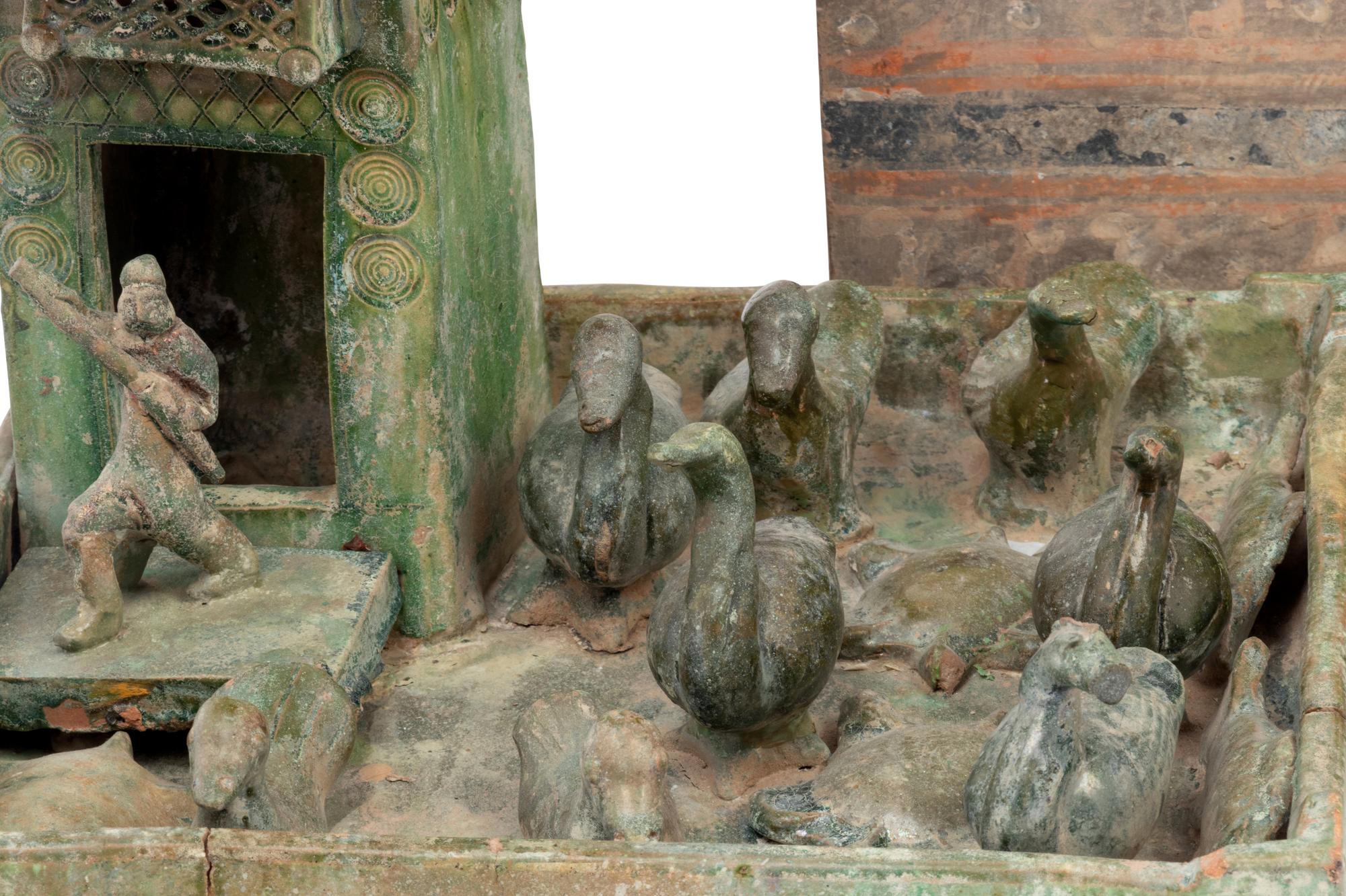 Three Chinese Green-Glazed Pottery Models and A Chinese Pottery Rectangular Cosmetic Box