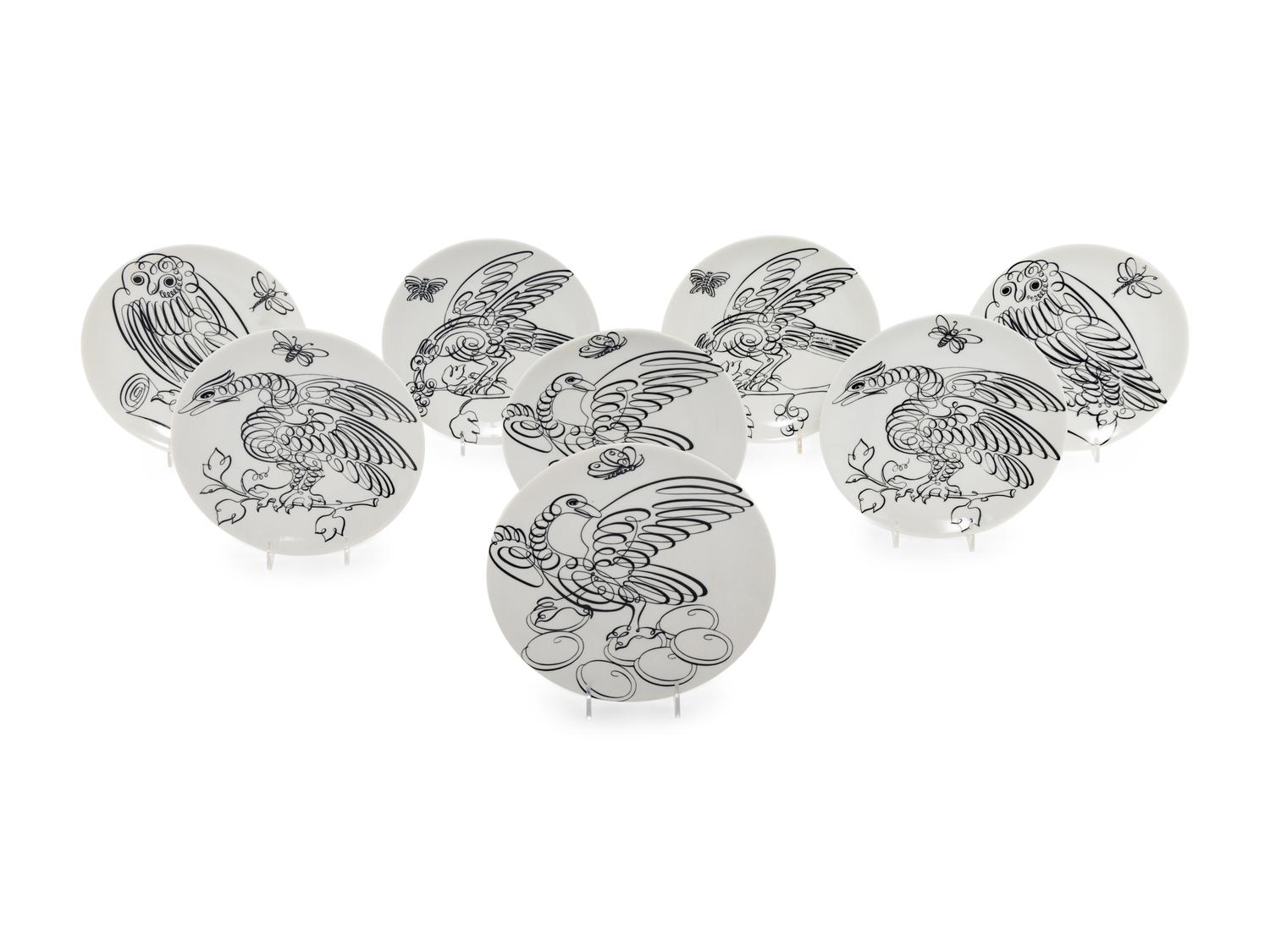 A Set of Eight Piero Fornasetti Uccelli Calligrafici Salad Plates