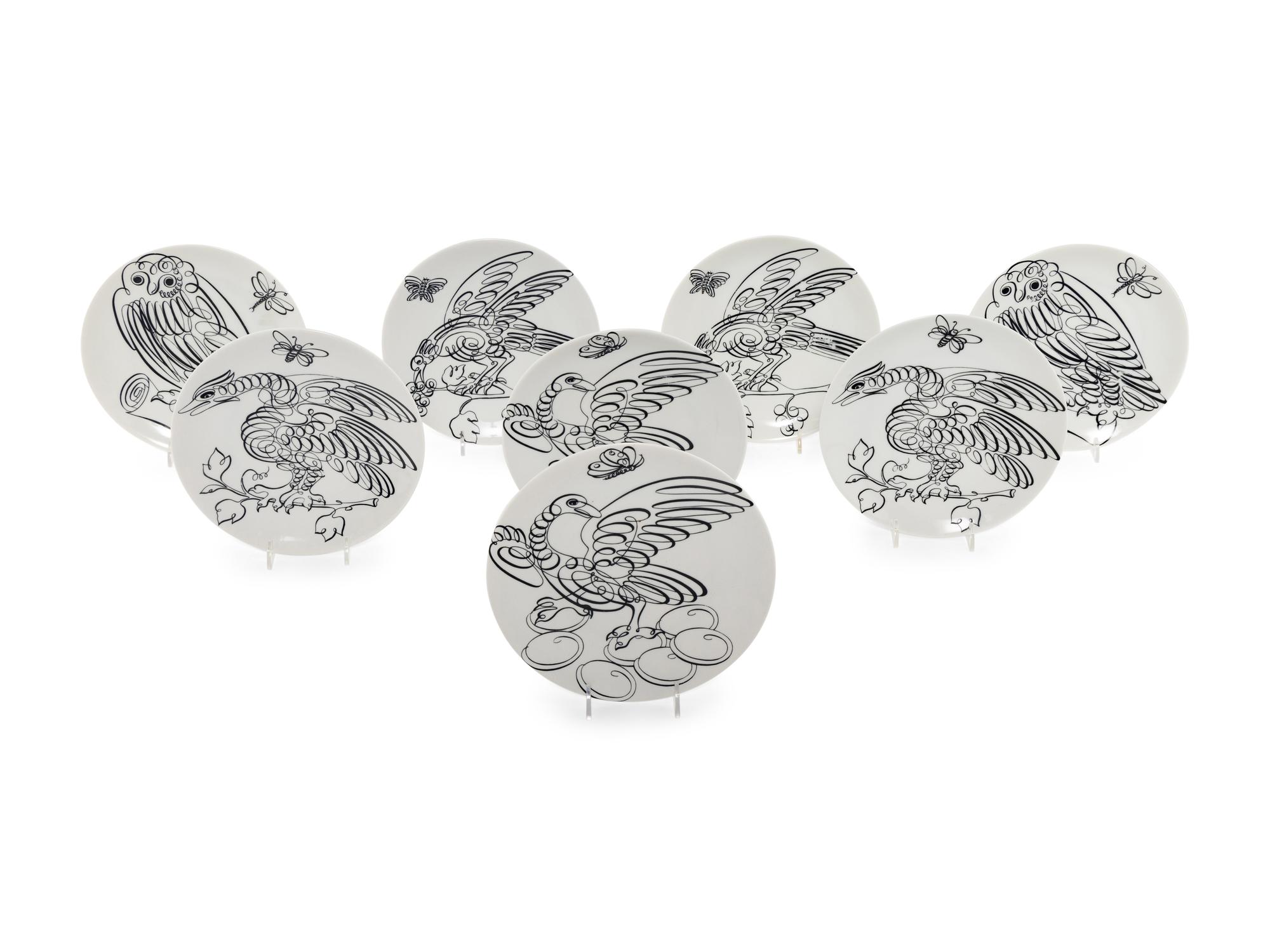 A Set of Eight Piero Fornasetti Uccelli Calligrafici Salad Plates