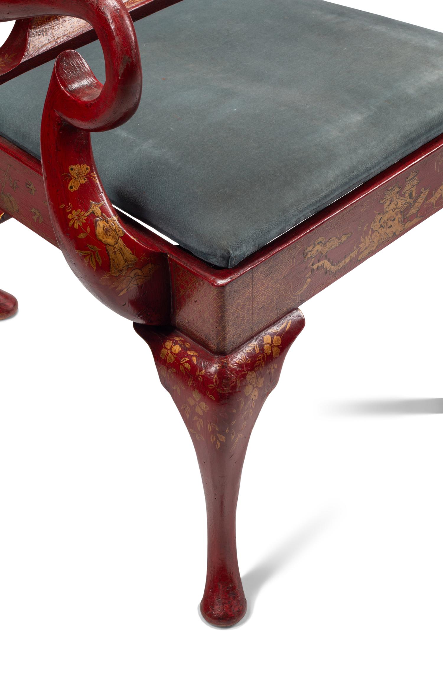 A Set of Eight Queen Anne Style Red and Gilt Japanned Dining Chairs