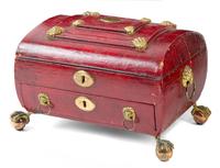 An English Leather Veneered Jewelry Box Height 7 1/2 x width 10 1/2 x depth 8 inches. — 19TH CENTURY