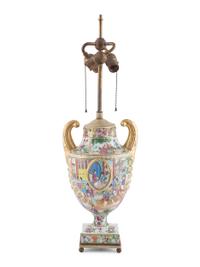 A Chinese Export Parcel Gilt Decorated Famille Rose Porcelain Pistol-Handled Urn