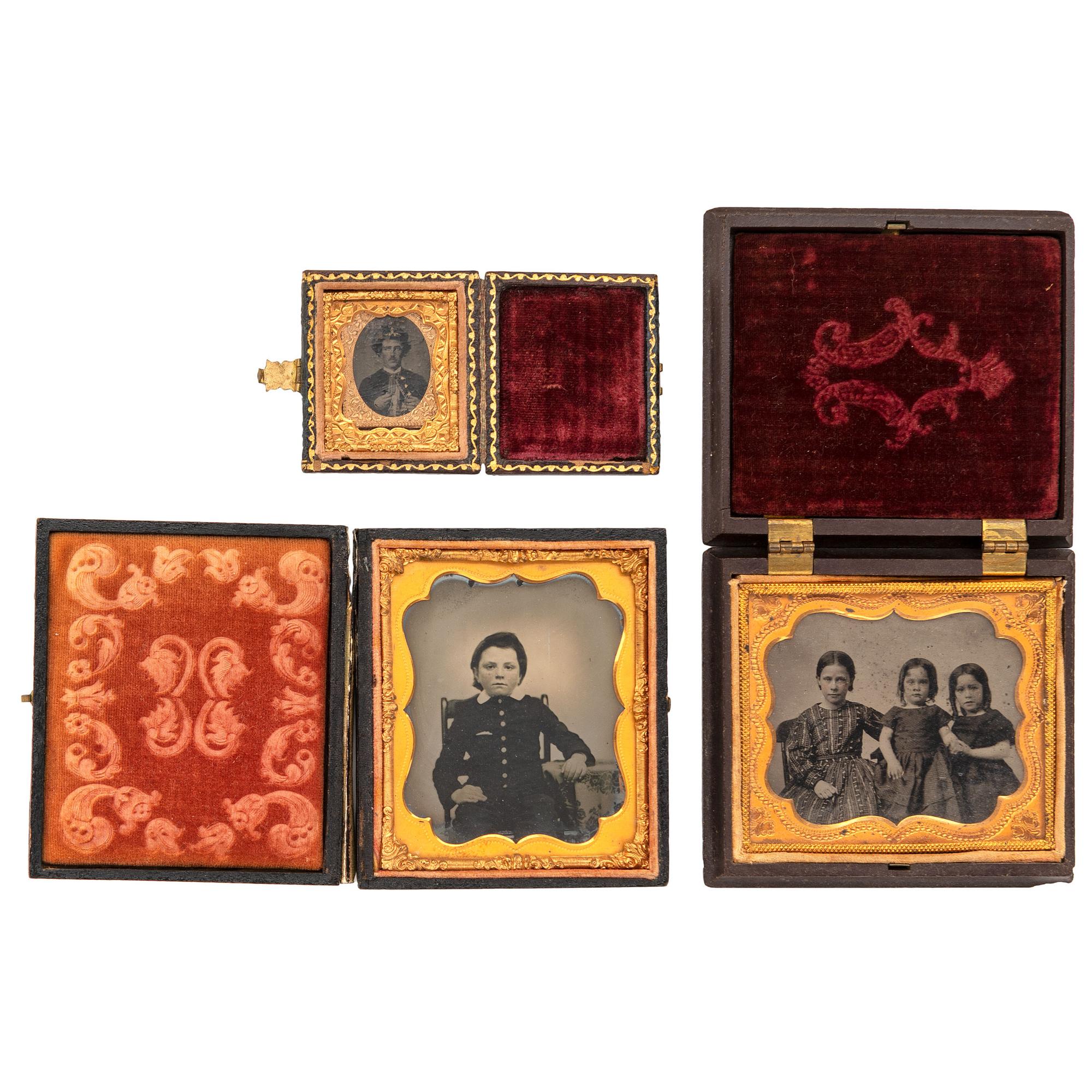 [EARLY PHOTOGRAPHY - PORTRAITURE]. An assorted group of 15 ambrotypes and tintypes featuring men, women, and children, including: