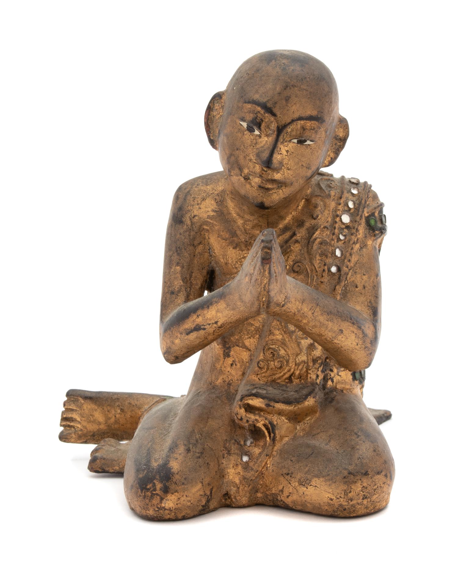 A Thai Lacquered Wood Figure of a Praying Monk Height 7 inches. — 20TH CENTURY
