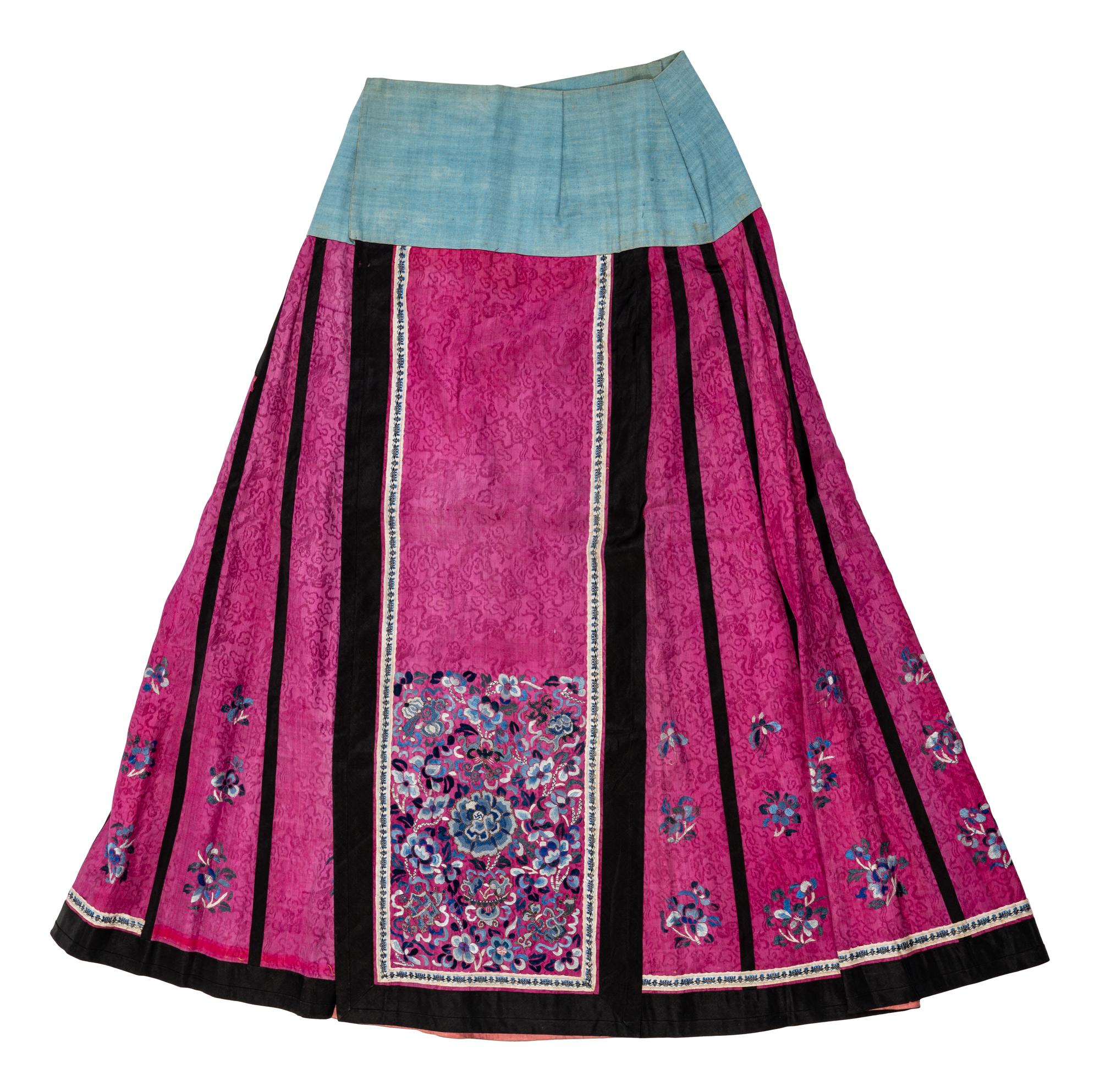 A Chinese Fuchsia Ground Embroidered Silk Apron Skirt