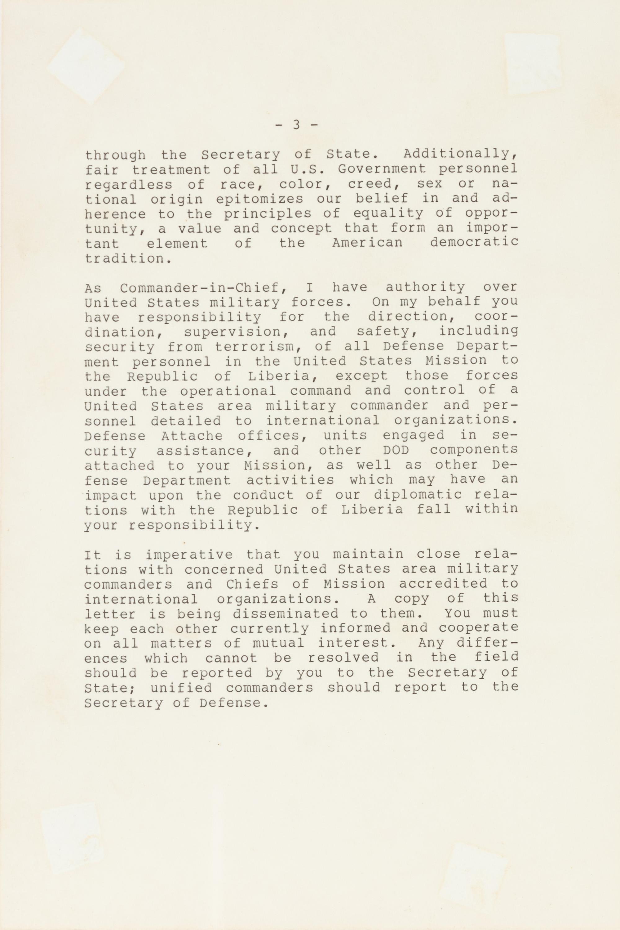 REAGAN, Ronald Wilson (1911-2004). Typed letter signed (“Ronald Reagan”), to Edward Joseph PERKINS (1928-2020), U.S. Ambassador to Liberia from 28 August 1985 to 22 October 1986. The White House, Washington, D.C., 15 July 1985.
