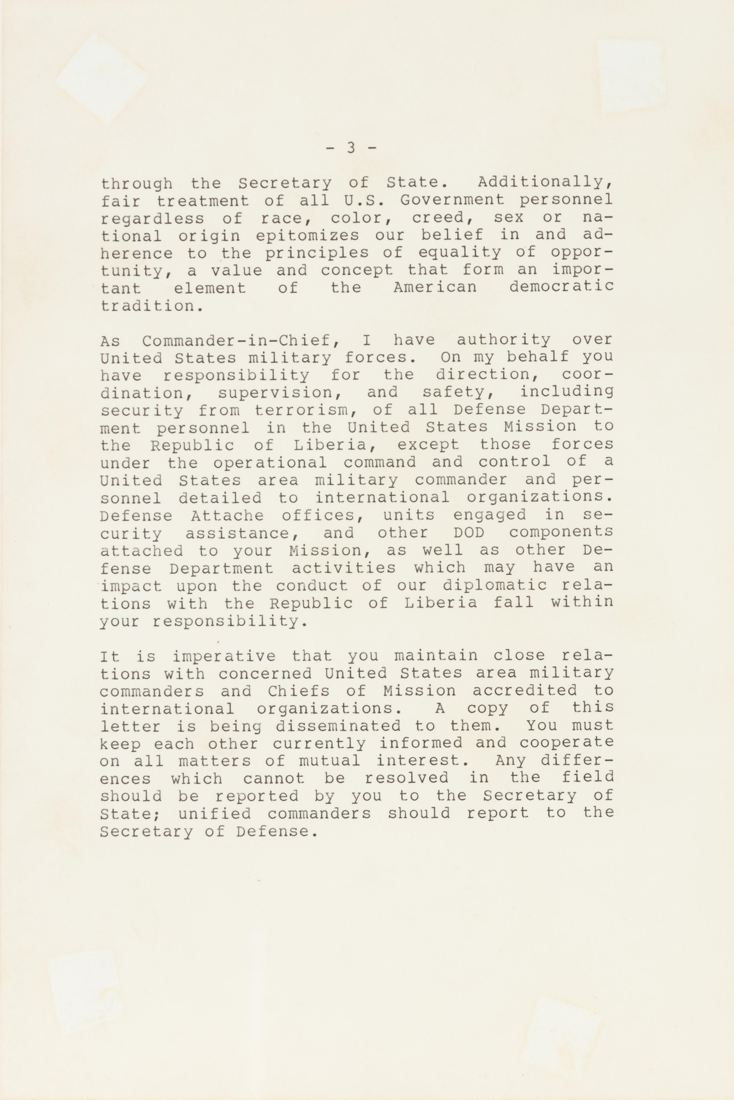 REAGAN, Ronald Wilson (1911-2004). Typed letter signed (“Ronald Reagan”), to Edward Joseph PERKINS (1928-2020), U.S. Ambassador to Liberia from 28 August 1985 to 22 October 1986. The White House, Washington, D.C., 15 July 1985.
