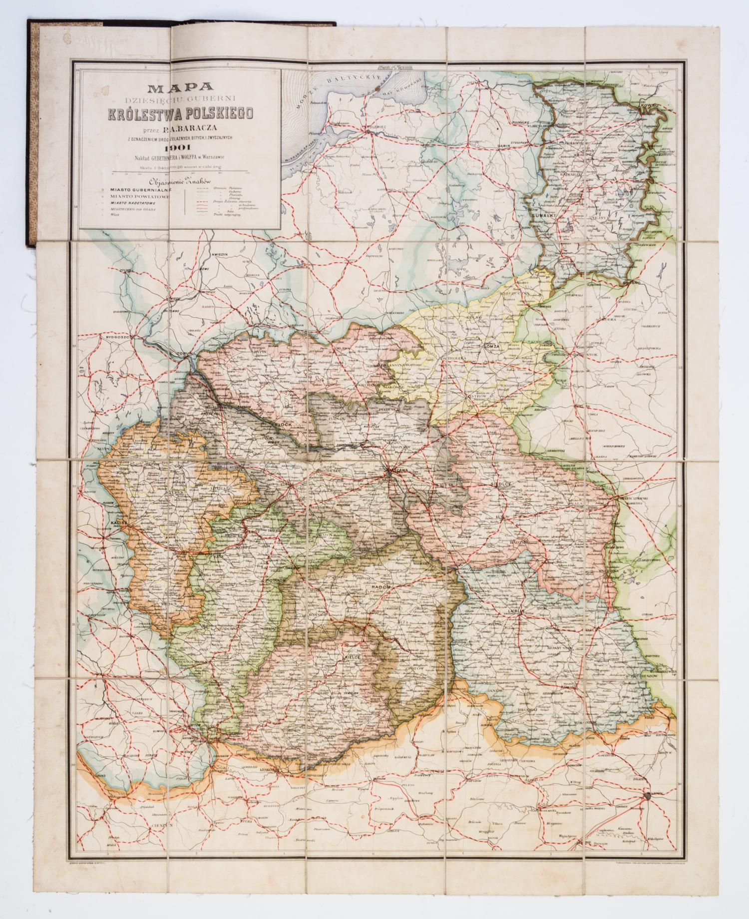 (MAP) BARACZA, P.A. Mapa dziesieciu guberni krolestwa Polskiego. Warsaw, 1901. Lithographed map of Poland.
