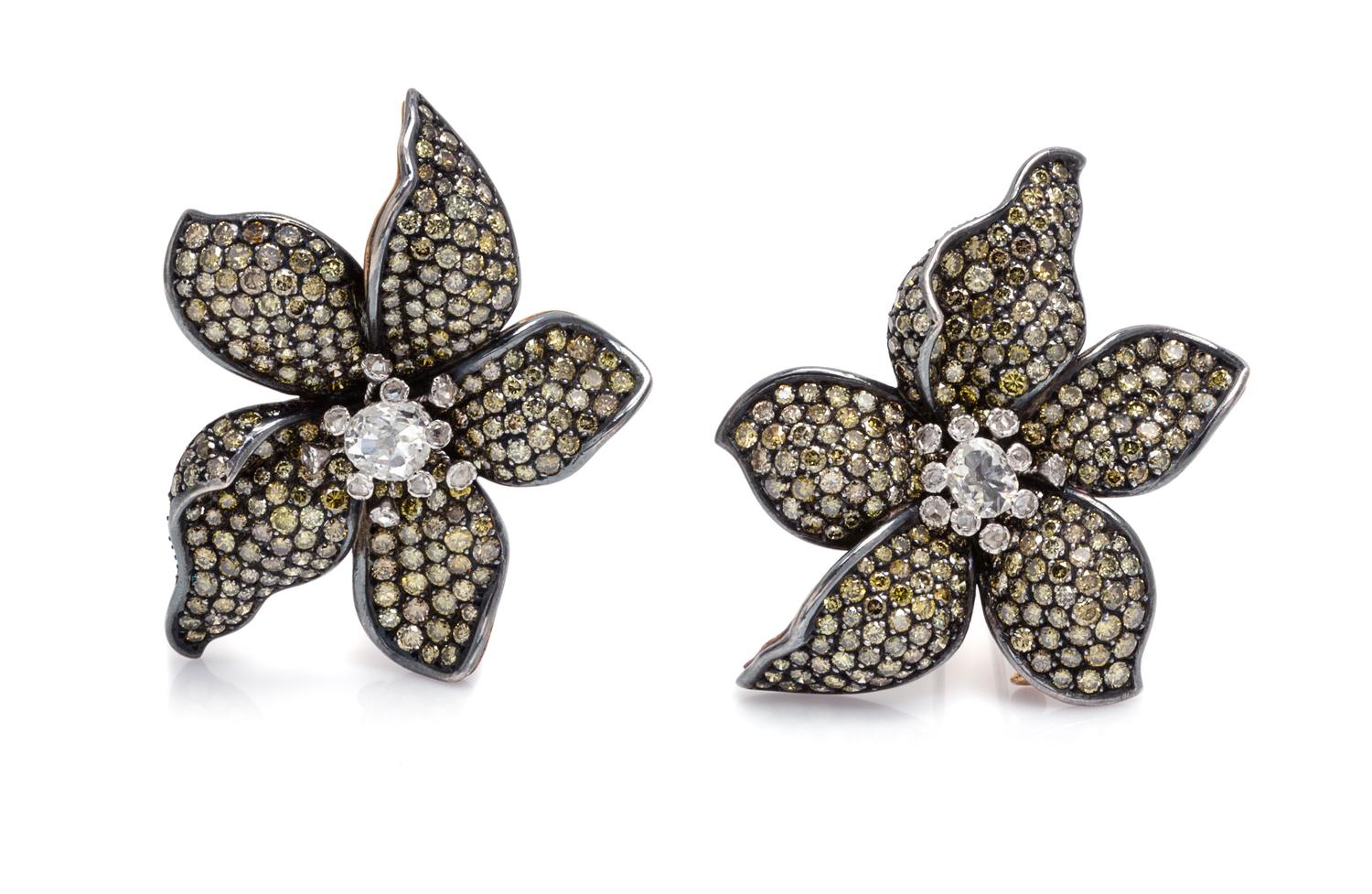 A Pair of 18 Karat Gold, Colored Diamond and Diamond Brooches, Gioia, 24.70 dwts.
