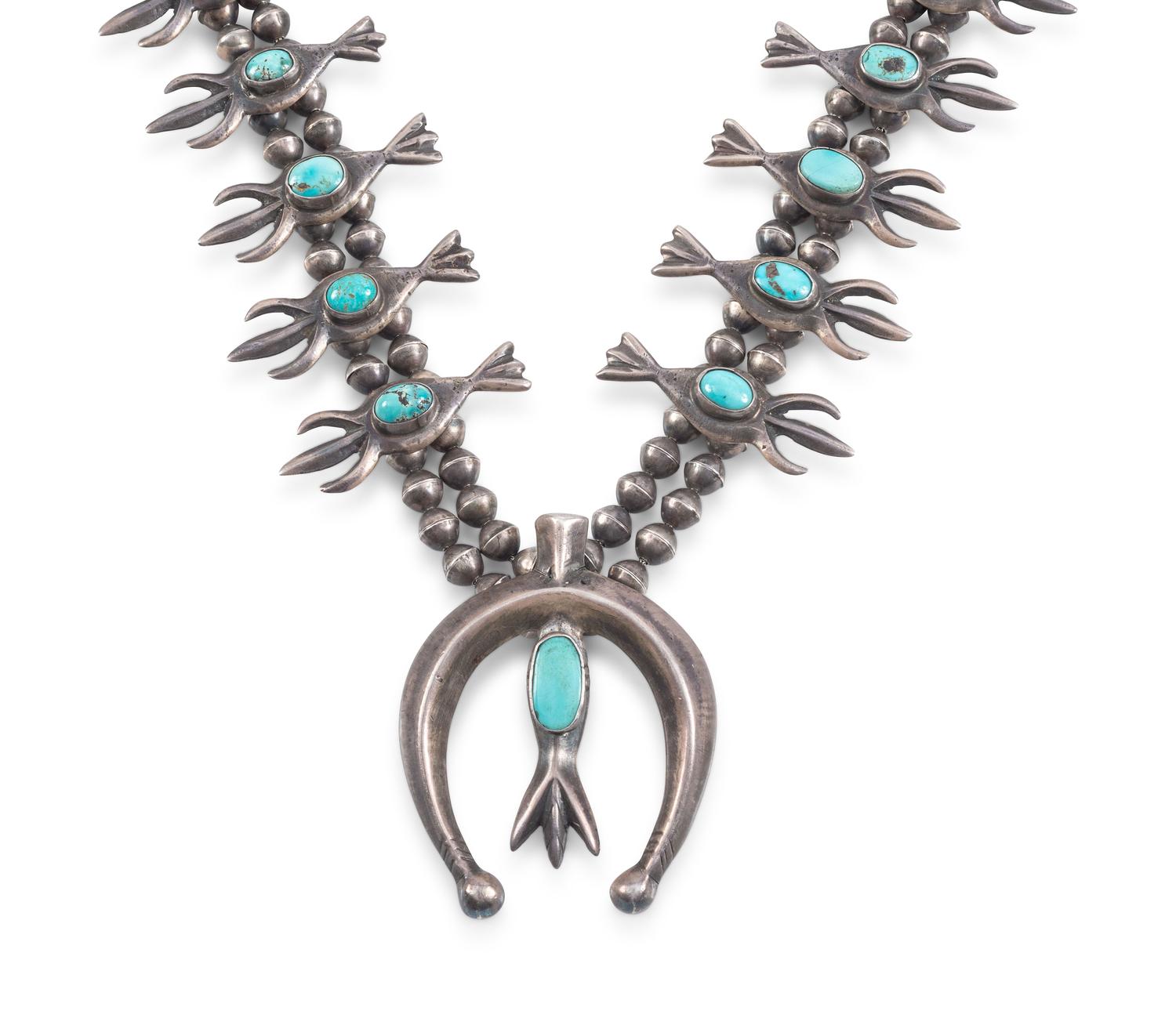 Navajo Sandcast Silver and Turquoise Squash Blossom Necklace