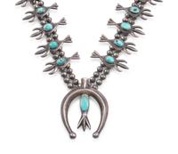 Navajo Sandcast Silver and Turquoise Squash Blossom Necklace