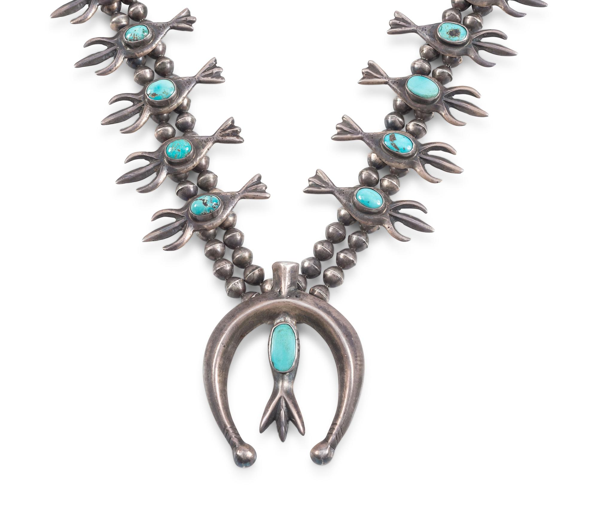 Navajo Sandcast Silver and Turquoise Squash Blossom Necklace
