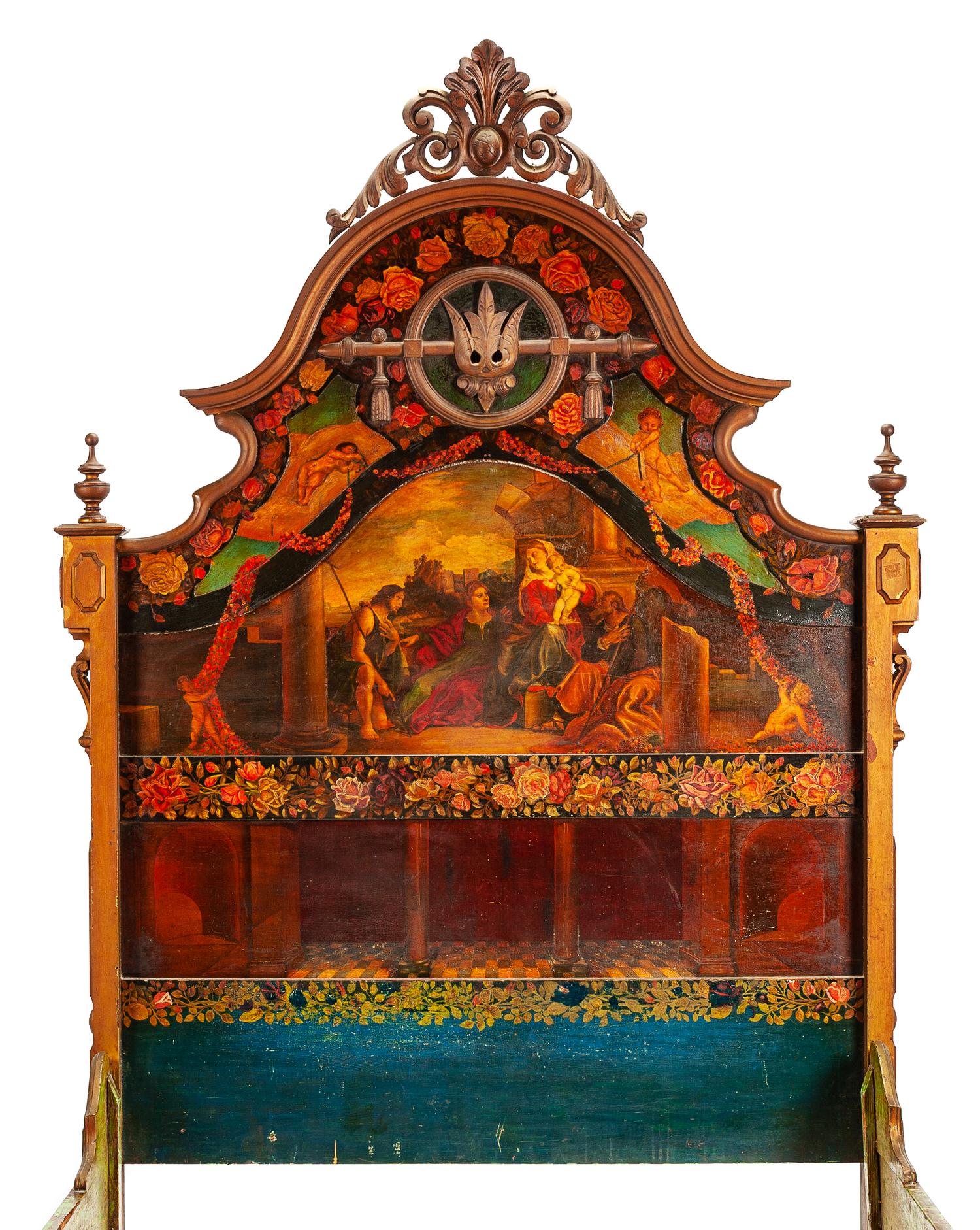 An Italian Renaissance Style Painted Bed Height 96 x width 61 x depth 80 inches. — 19TH CENTURY