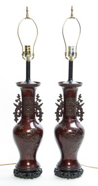 A Pair of Japanese Bronze Vases Height 32 1/2 inches.
